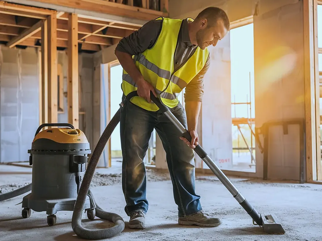 Bauarbeiter saugt mit einem Industriesauger den Boden eines Rohbaus.