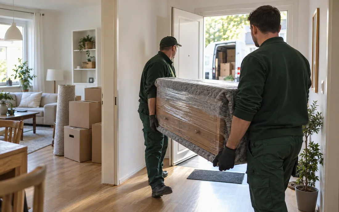 Zwei Mitarbeiter tragen bei einer professionellen Wohnungsräumung ein geschütztes Möbelstück zum Transporter.