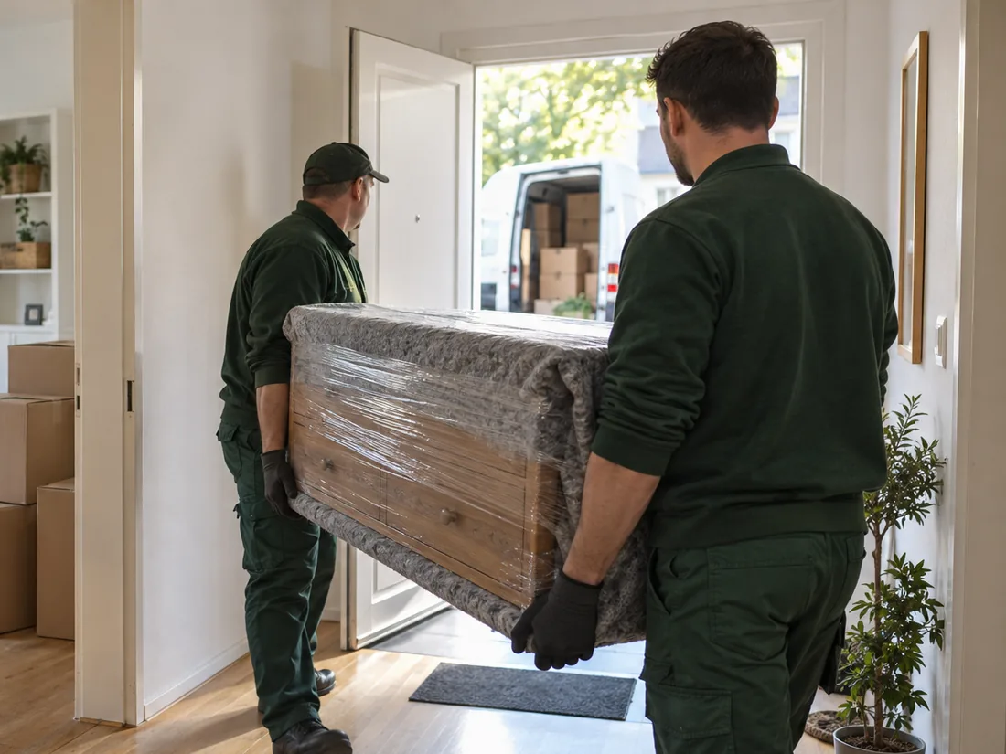 Zwei Mitarbeiter tragen ein in Schutzfolie gewickeltes Möbelstück zum Transporter, der bereits mit Umzugskartons beladen ist.