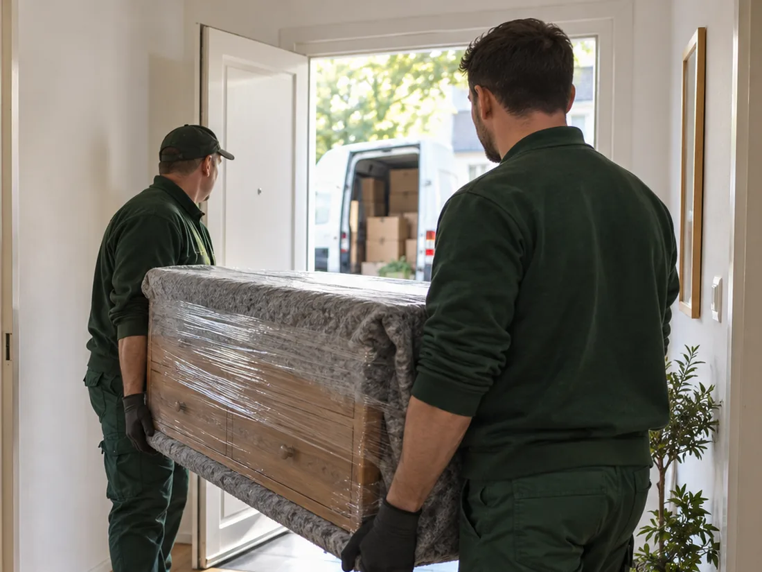 Wohnraum mit gepackten Umzugskartons und aufgerolltem Teppich, ein Mitarbeiter trägt ein geschütztes Möbelstück hinaus.